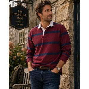 Mens M Rugby Shirt Burgundy Navy Stripe Cotton Preppy Long Sleeve
